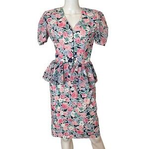 80s vintage / floral peplum two piece skirt set